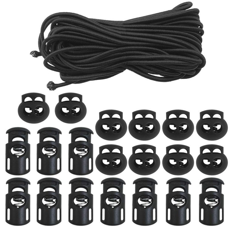 DaKuan 20 PCS Plastic Cord Locks & Elastic Bungee Nylon Shock Cord 5/32" 50 ft Lengths, DaKuan 10 PCS Sing-Hole, 10 PCS Double-Hole (Black) End Spring Toggle Stopper Slider with Crafting Stretch String - Image 1